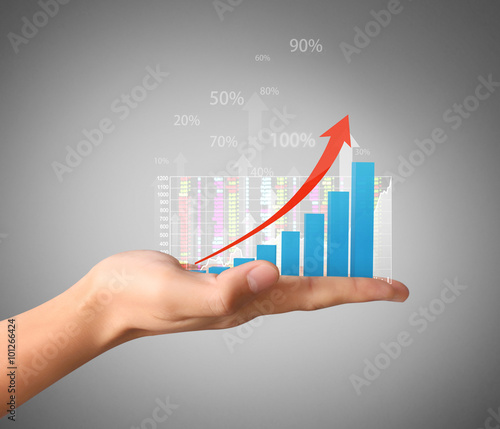 nvestment concept with financial chart symbols coming from hand