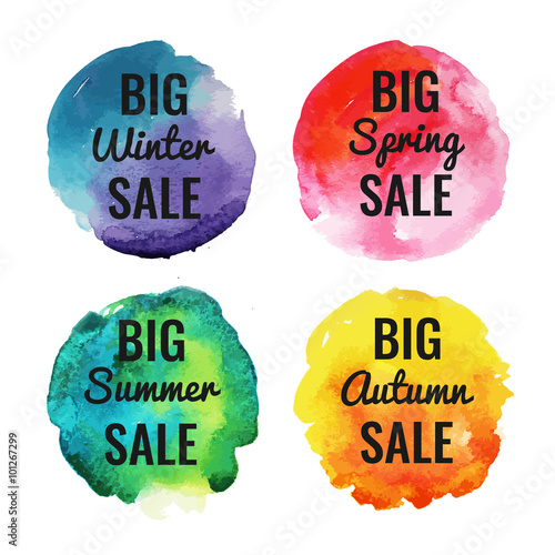 Colorful watercolor bright spots. Winter, spring, summer autumn big discount