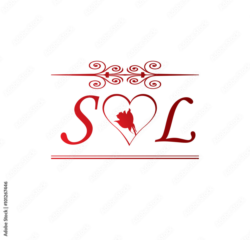 SL love initial with red heart and rose Stock Vector