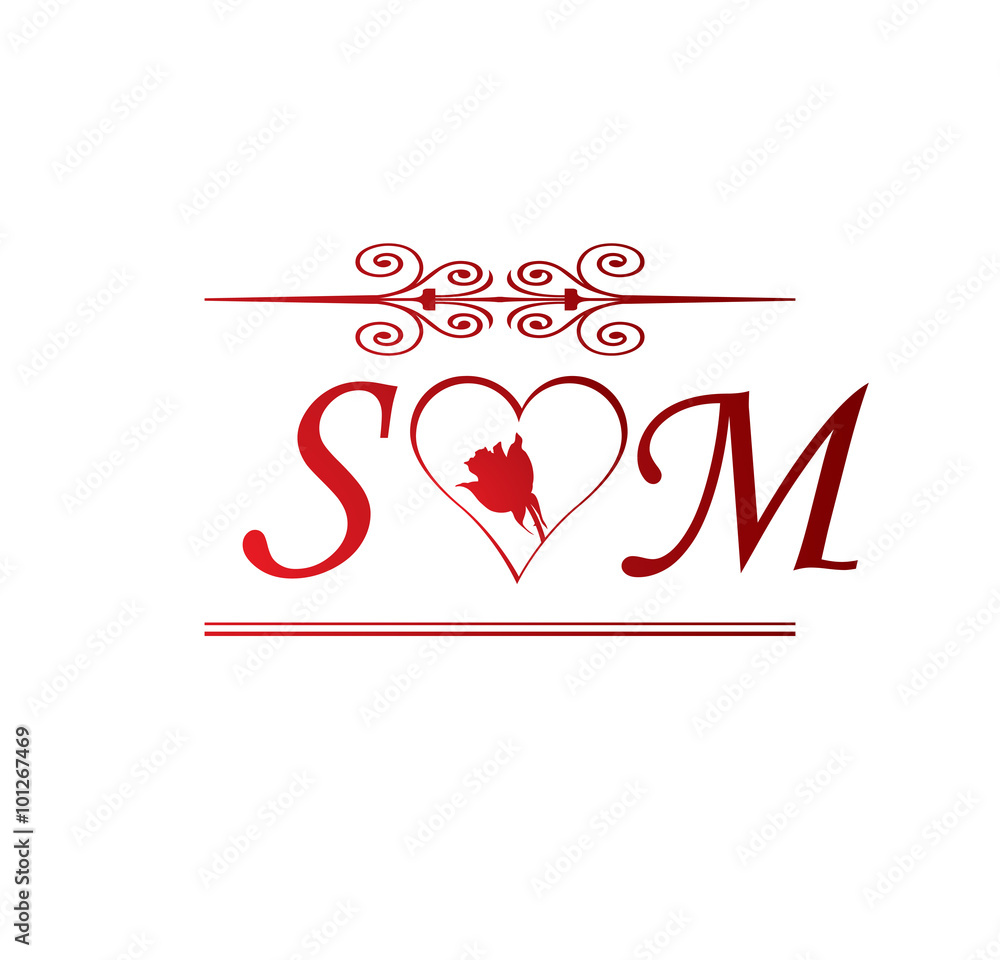 SM love initial with red heart and rose Stock Vector