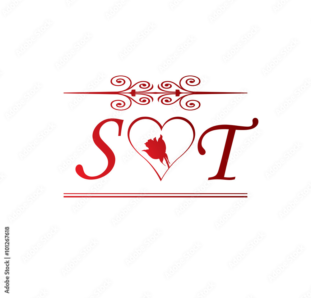 ST love initial with red heart and rose Stock Vector | Adobe Stock