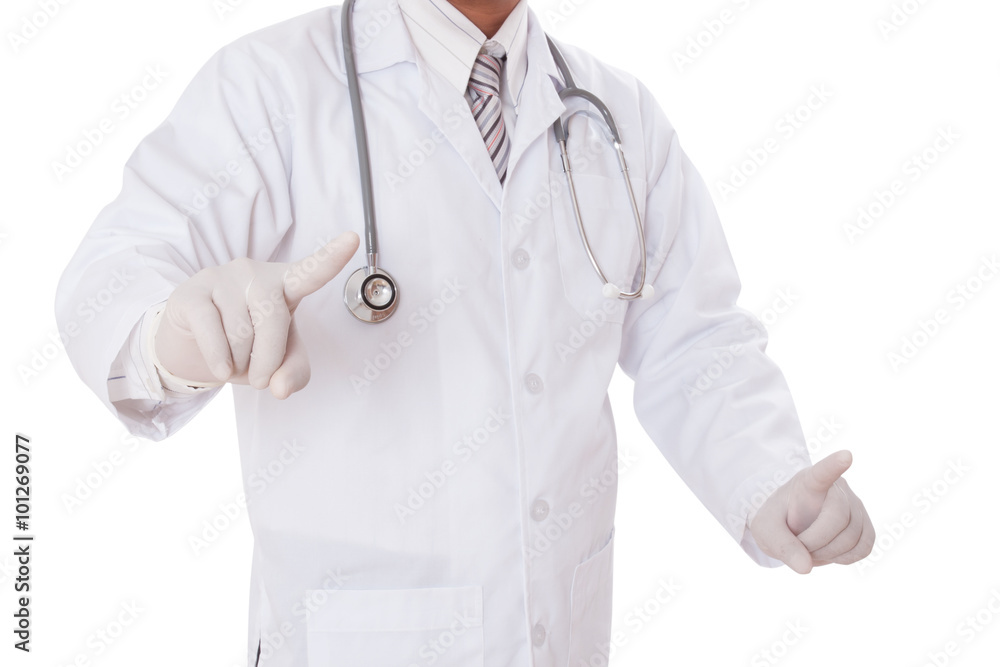 Doctor pointing something on white background Doctor pointing something on white background