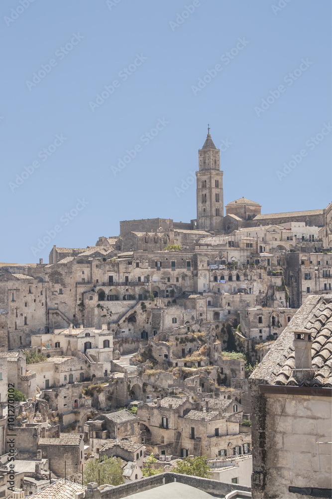 View of the city of Matera in Italy and the typical stones or Sa