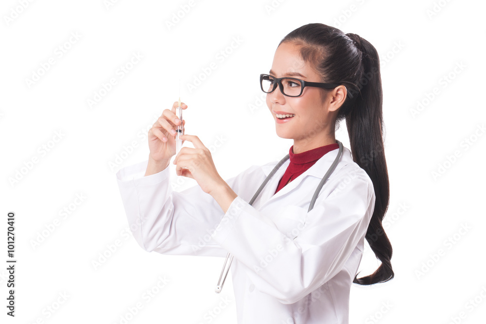 female doctor holding syringe with injection. healthcare and medical concept female doctor holding syringe with injection. healthcare and medical concept
