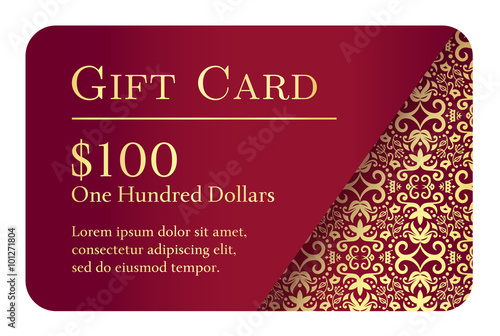 Vintage red gift card with golden lace ornament in right corner