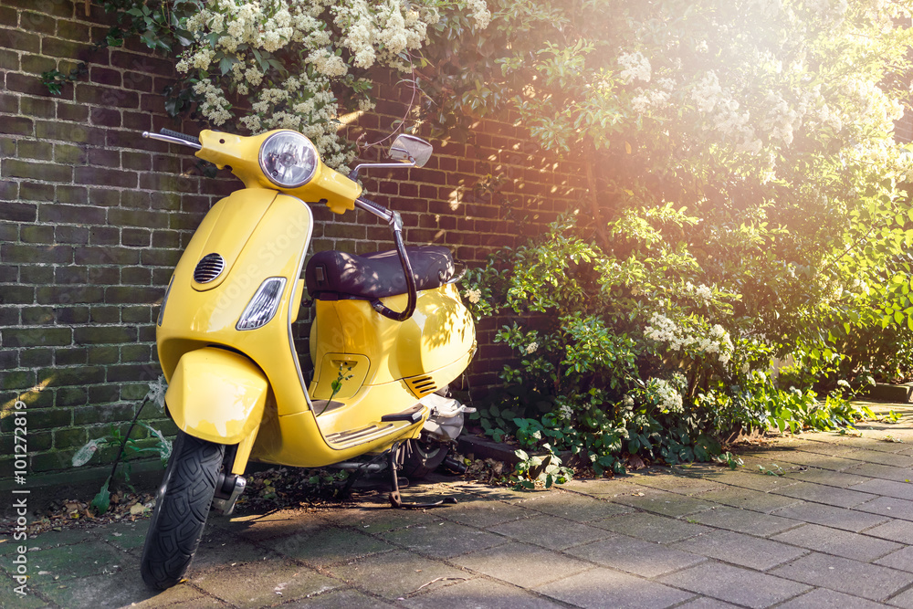 Obraz premium Żółty skuter zaparkowany