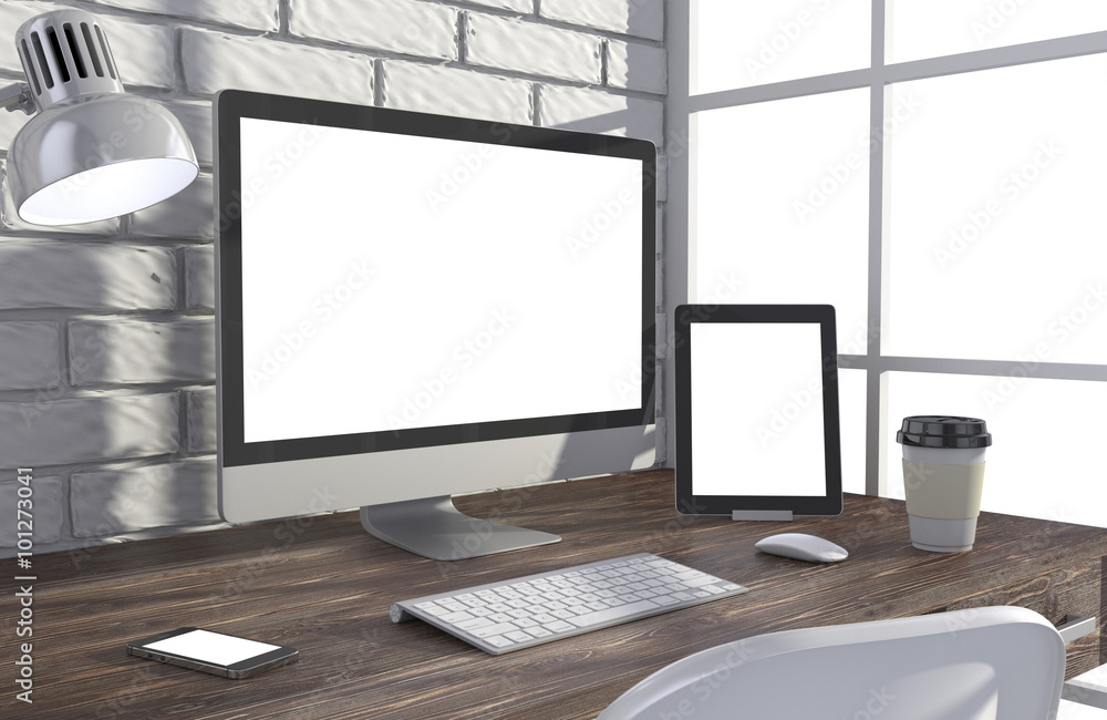 Fototapeta premium 3D illustration PC screen on table in office, Workspace