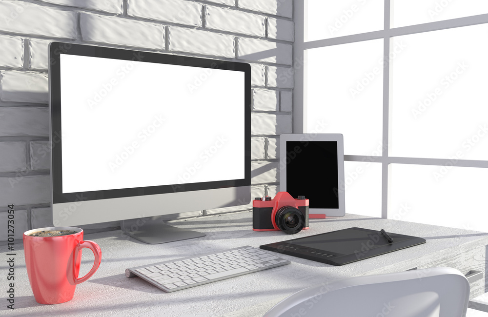 Fototapeta premium 3D illustration PC screen on table in office, Workspace