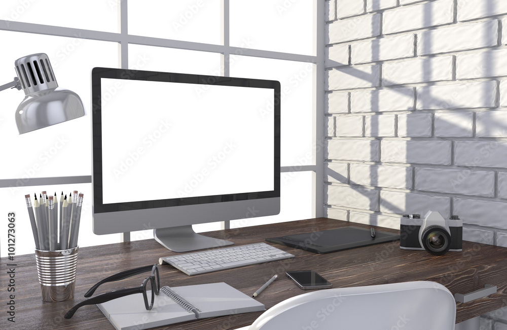 Fototapeta premium 3D illustration PC screen on table in office, Workspace