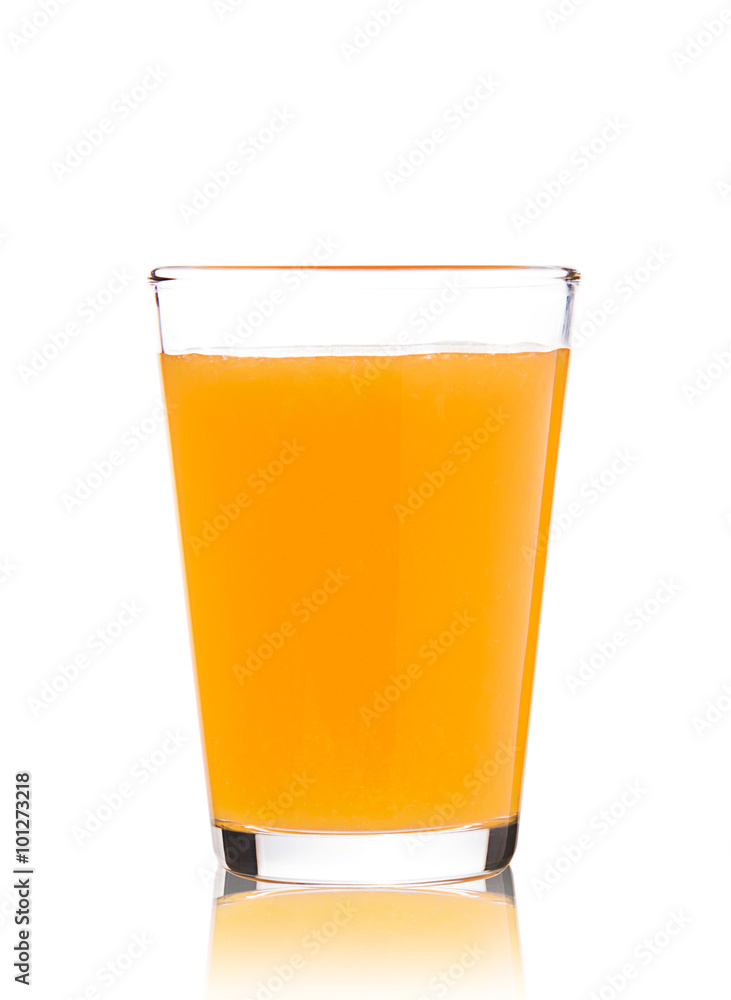 Glass of orange juice on white background