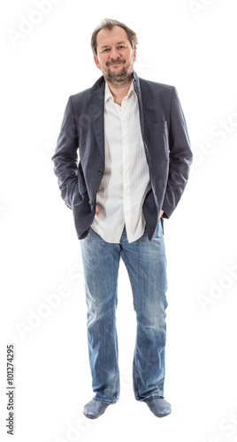 Confident man model in blue jacket.