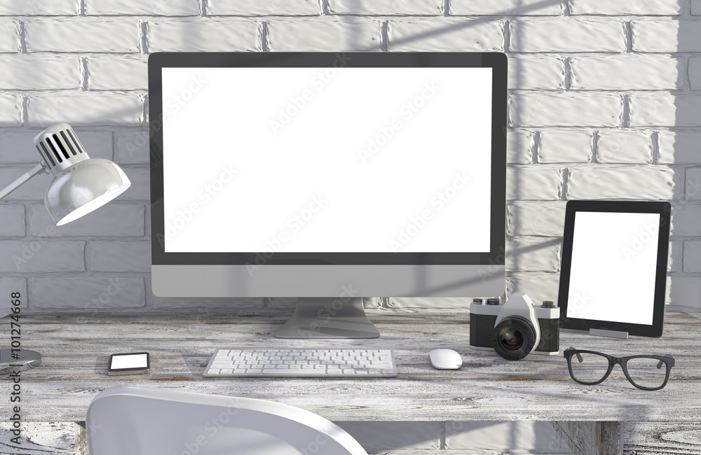 Fototapeta premium 3D illustration PC screen on table in office, Workspace