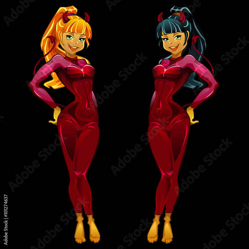 Two girls devils in red latex on black background