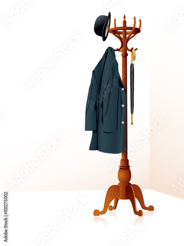 Coat and Hat Stand with Bowler Hat, Umbrella and a Coat