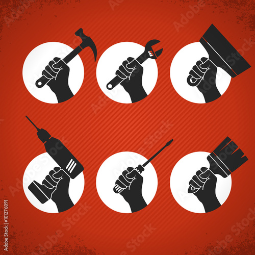 Set of hands with tools. Vector hands holding screwdriver, electric drill, wrench, brush, hammer and putty knife. Home renovation labels on vintage grunge background.