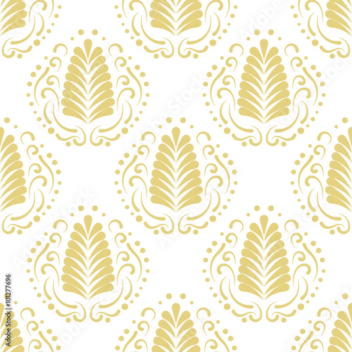 Stylized golden damask leaf or feather seamless pattern. Elegant fan and swirls background. Repeatable elements for textile fabric, invitation cards.