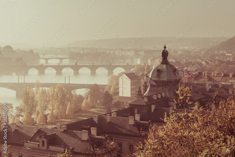 Fototapeta premium Scenic view of bridges on Vltava river and of historical center of Prague