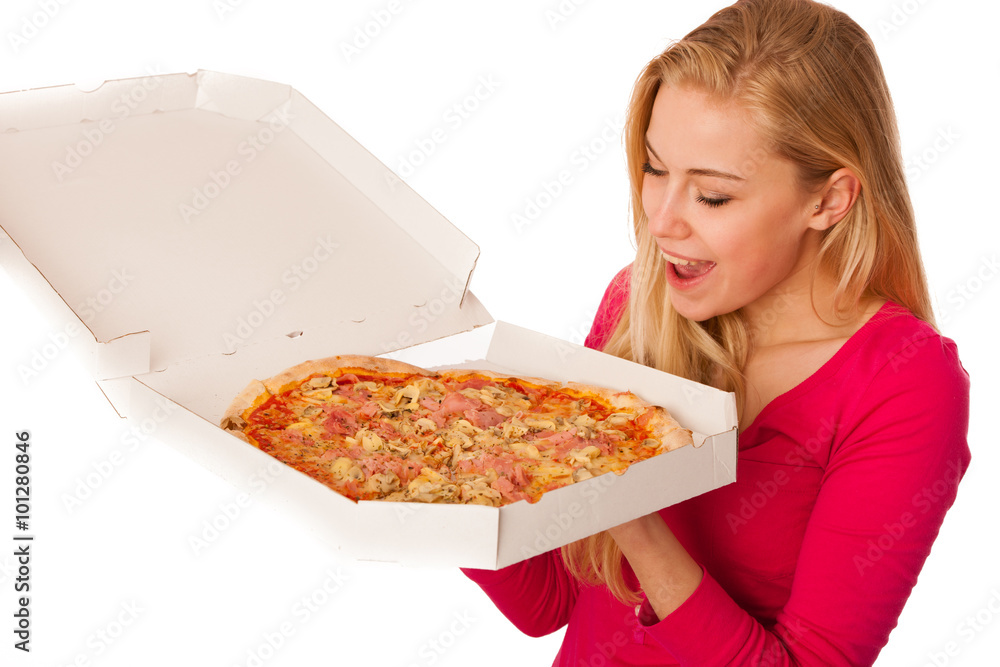 Woman with big pizza in carton box can't wait to eat it.