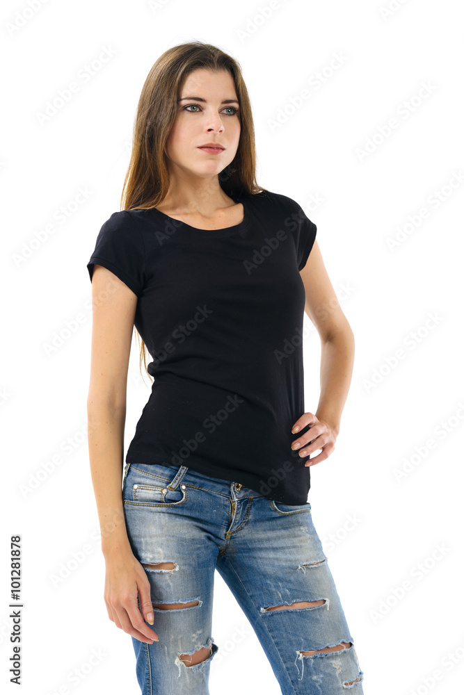 Obraz premium Sexy brunette wearing blank black shirt