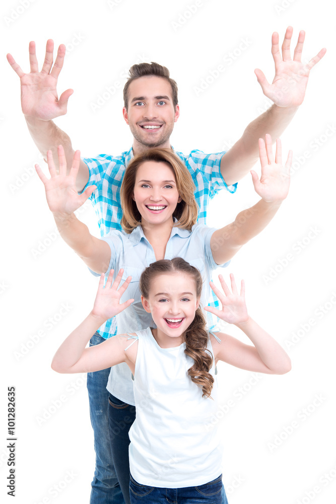 family with children raised hands up family with children raised hands up