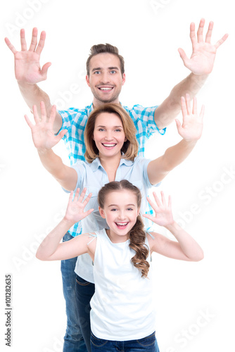 family with children raised hands up