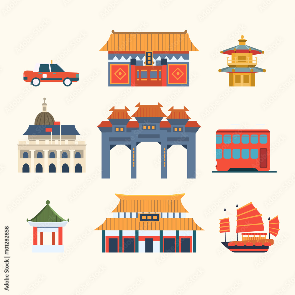 Traditional Chinese Buildings, Hong Kong travel elements. Vector Illustration Set