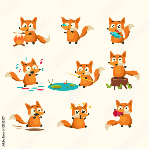 Fox Activities with different emotions. Vector Illustration Set