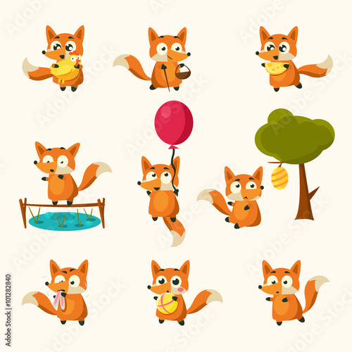 Fototapeta Naklejka Na Ścianę i Meble -  Fox Activities with different emotions. Vector Illustration Set