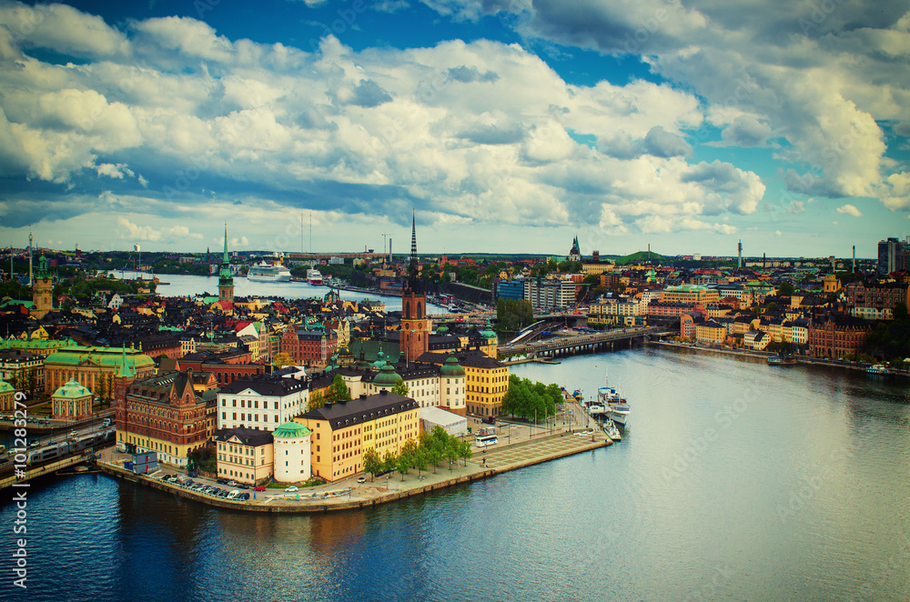 View of  Stockholm from the City Hall  tower, travel Sweden architecture vintage hipster background
