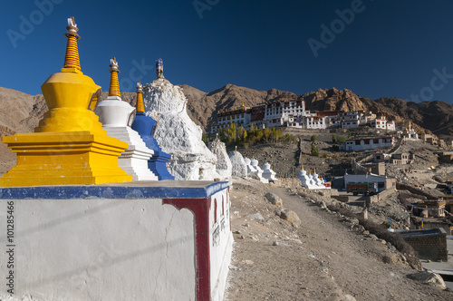 Stupas in front of budhist temple Phyang, Ladakh, India photo