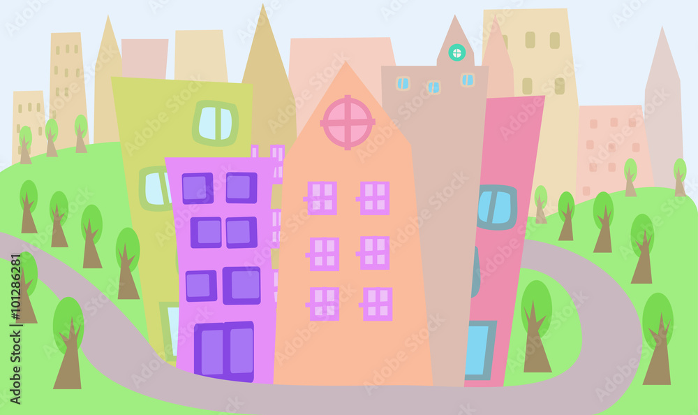 Fototapeta premium Cityscape through children's eyes with colorful houses.