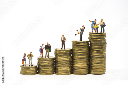 Faily budget concept. Miniature family on coins pile. photo