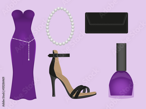 the set of apparel and accessories of violet color