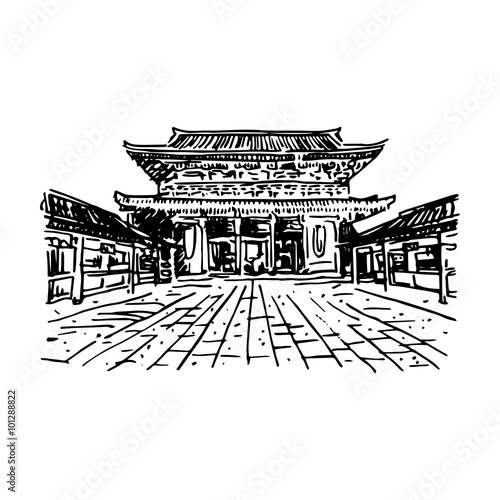 Buddhist temple Senso-ji (Tokyo, Japan). Vector quick sketch.