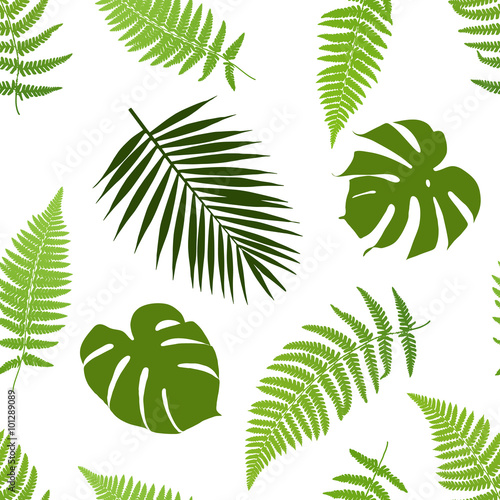 Tropical leaves seamless pattern. Vector illustration.