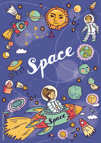 Space banner with planets, rockets, astronaut and stars. Childish background. Hand drawn vector illustration.