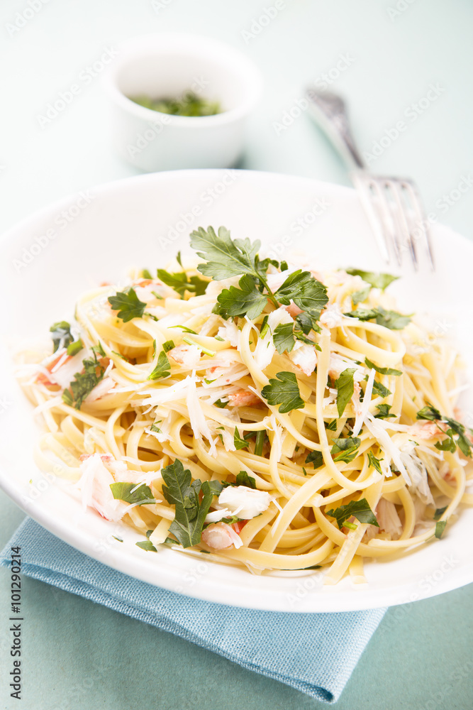 Pasta with parsley and crab meat