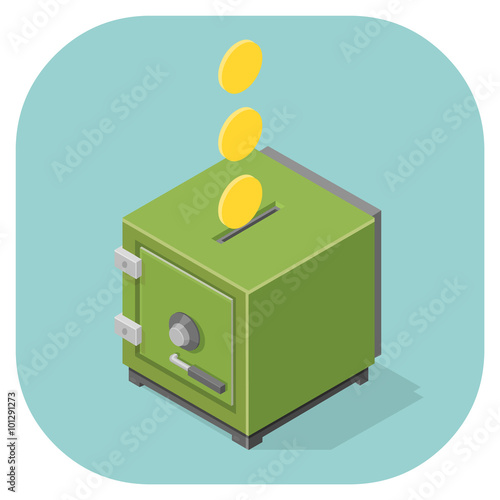 A vector illustration of an isometric safe icon. Money being put into a safe - Saving Concept.