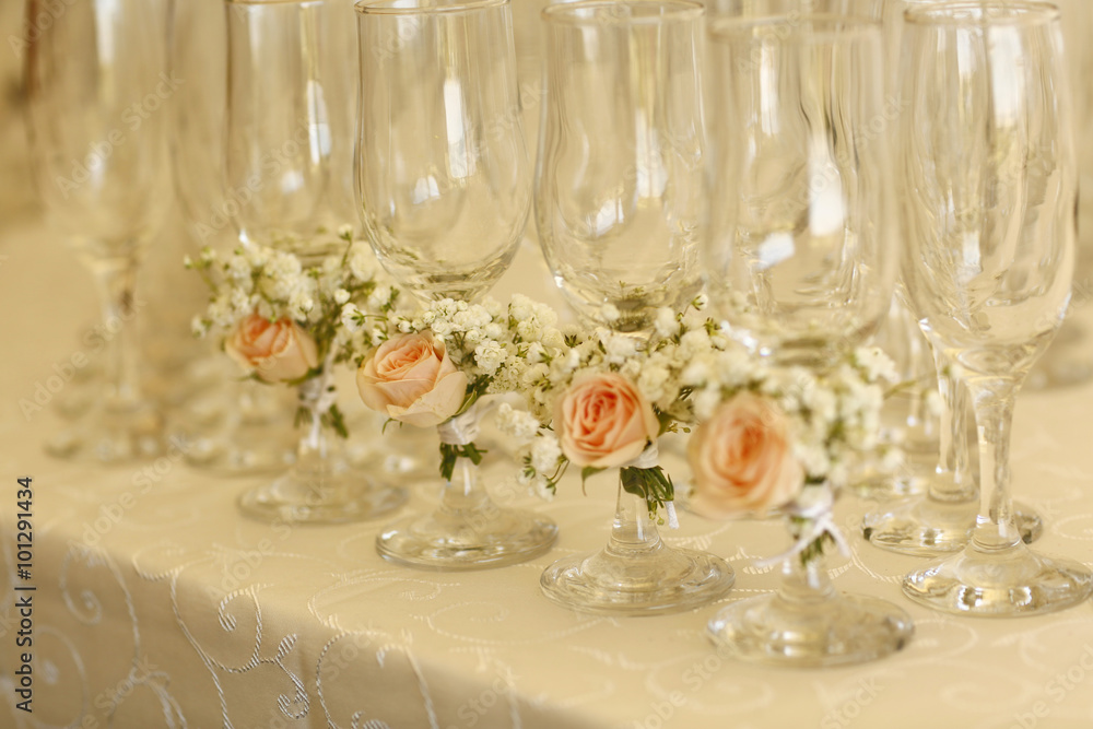 Many glasses of champagne on table Many glasses of champagne on table