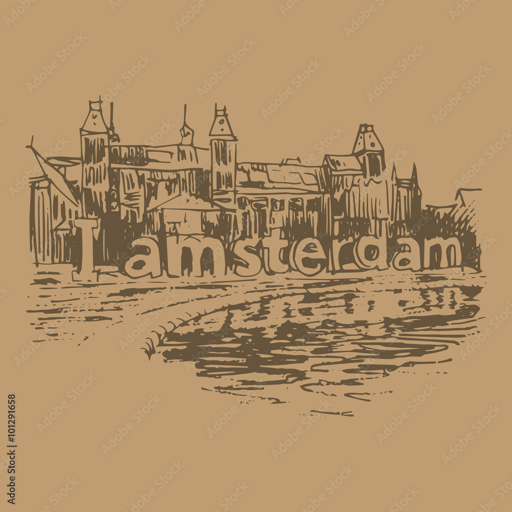 Amsterdam (Holland, Netherlands, Europe). Historical building line art. Hand drawn sketch Amsterdam (Holland, Netherlands, Europe). Historical building line art. Hand drawn sketch