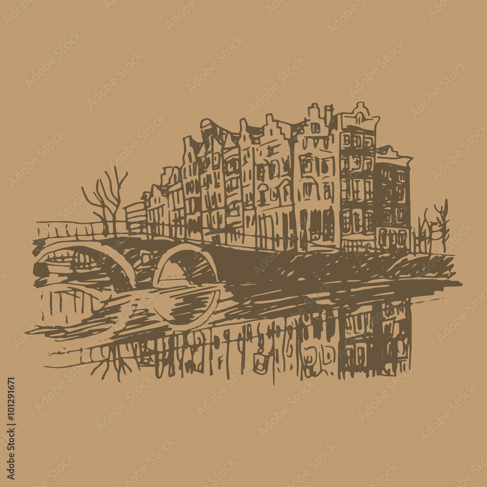 Vector illustration of old houses in Amsterdam, Holland, Netherlands, Europe. Historical building line art. Hand drawn sketch