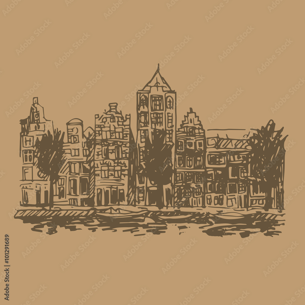 Old houses in Amsterdam (Holland, Netherlands, Europe). Historical building line art. Hand drawn sketch