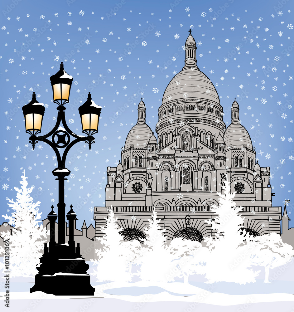 Winter city background. Christmas holiday in Paris. Snowy cityscape with street lamp. 