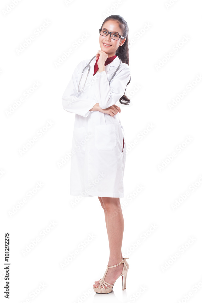 Full length portrait of happy female doctor with stethoscope. Full length portrait of happy female doctor with stethoscope.