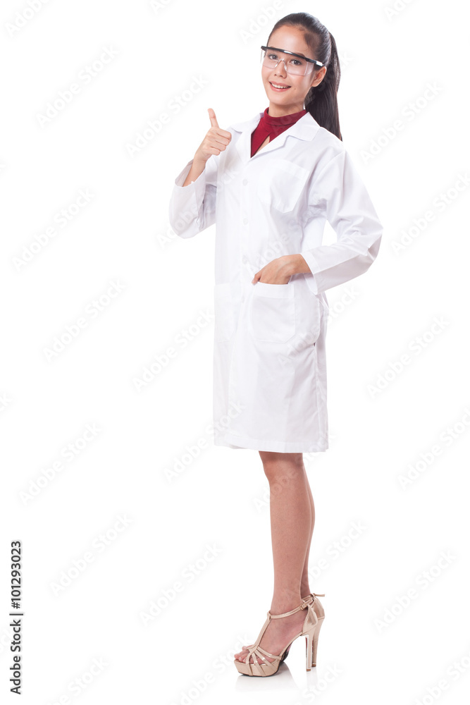 Full length portrait of female doctor showing thumb up gesture. Full length portrait of female doctor showing thumb up gesture.
