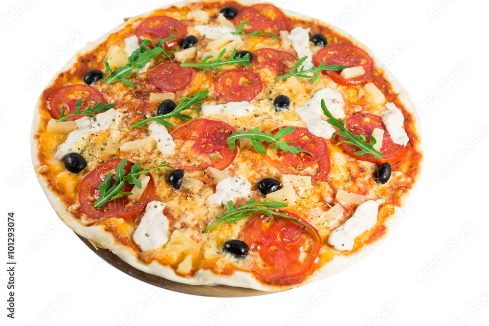 Tasty pizza with vegetables, chicken and olives isolated on white.A popular pizza topping in American-style pizzerias Tasty pizza with vegetables, chicken and olives isolated on white.A popular pizza topping in American-style pizzerias