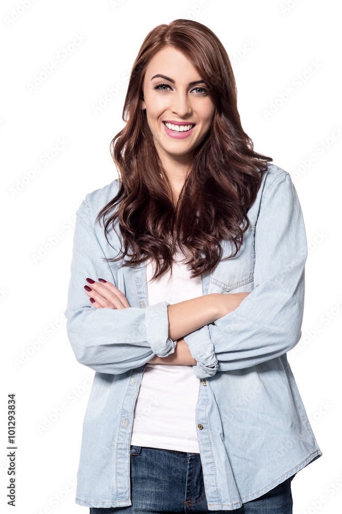 Beautiful young woman in casuals over white Beautiful young woman in casuals over white
