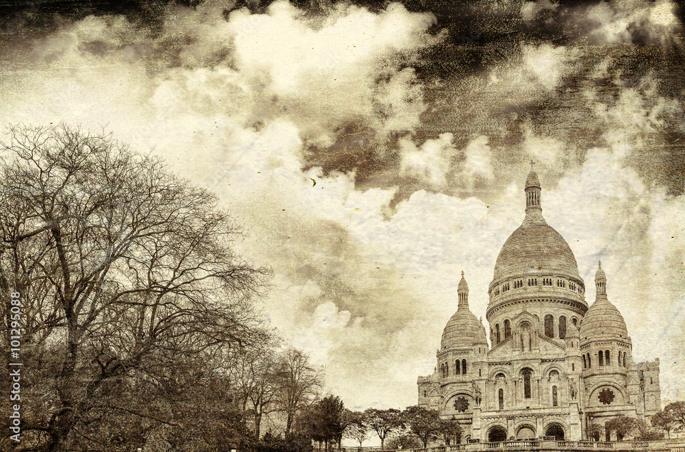 Vintage view of Sacre Coeur. Sacred heart Cathedral in Paris