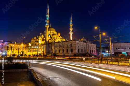 Mosque and traffic atnight istanbul photo