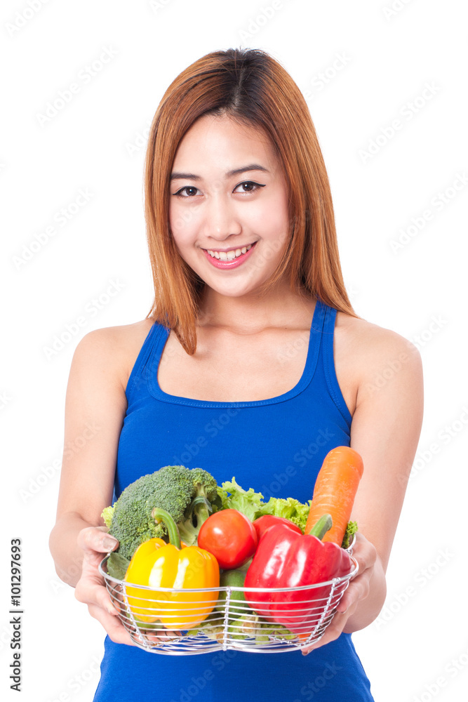 Healthy eating, happy young woman with vegetables on white background Healthy eating, happy young woman with vegetables on white background